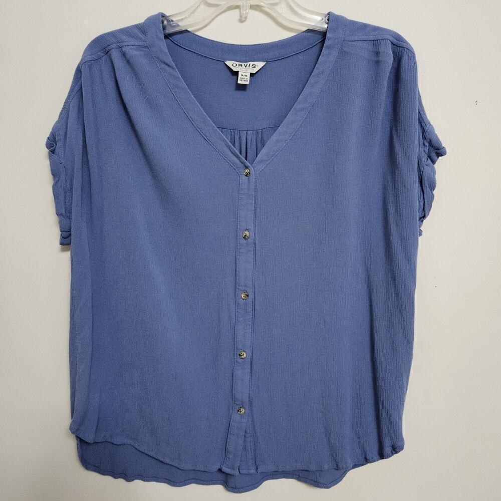 Orvis Womens M Light Blue Rayon Short Sleeve Button Front V-Neck Blouse Top